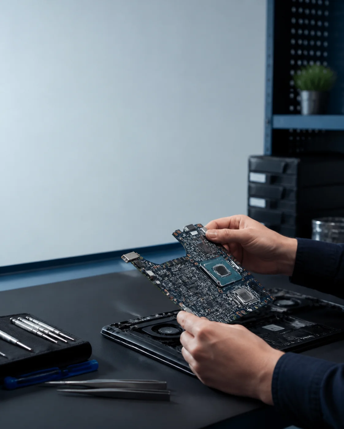 Técnico revisando una placa de laptop en el banco de trabajo